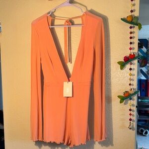 NWT Shein SHEIN BAE orange/coral long-sleeve shorts romper featuring a deep V-ne
